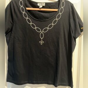 St John Black Short Sleeve Top with Embellished Design